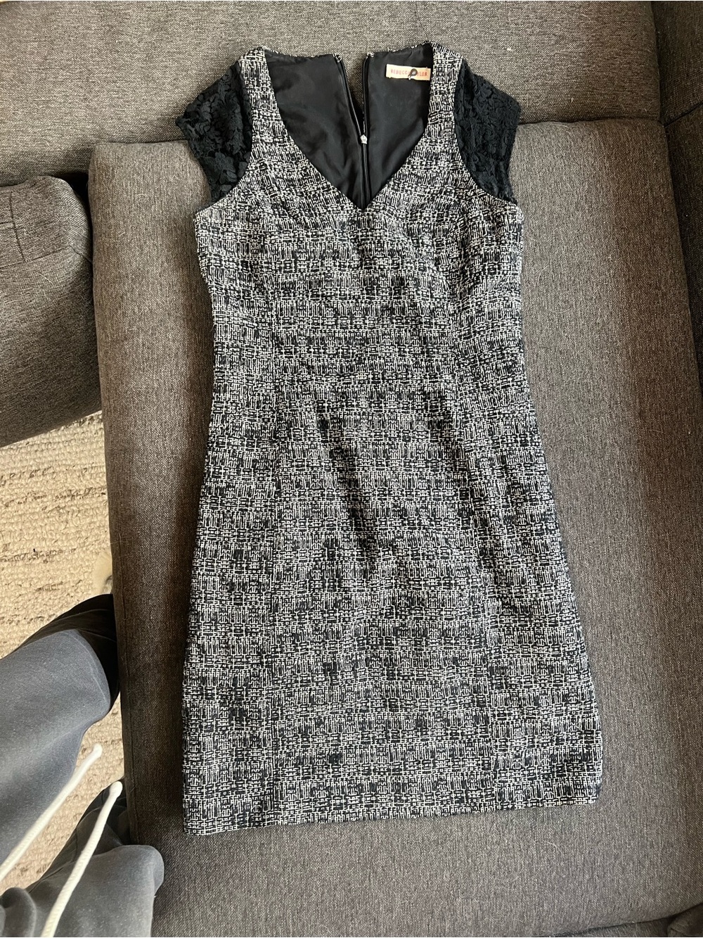 Rebecca Taylor Black & White Tweed Sheath Dress with Lace Cap Sleeves
